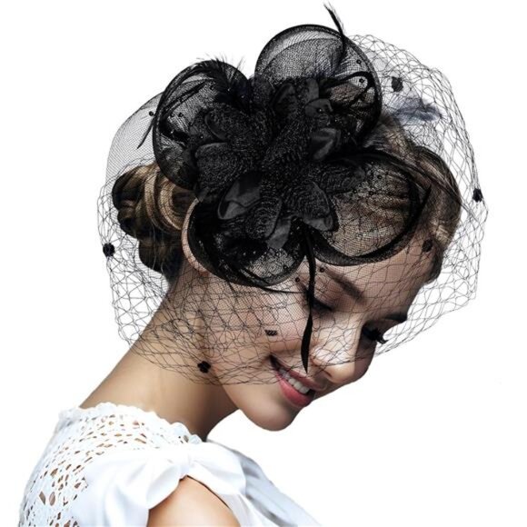 Women's Fascinators Hats with Veil Headwear Black - Picture 6 of 7